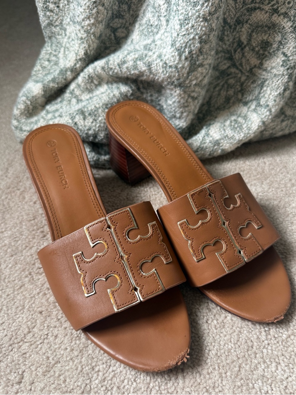Tory Burch Tan Leather Logo Slide Mules